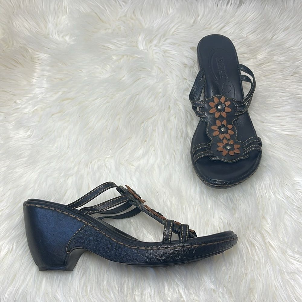 Born Black Leather Strappy Floral Trim Slides Mules Sz 9
